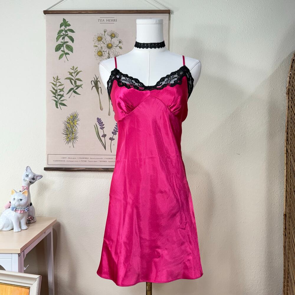 Vintage 90s Y2k Pink Satin Black Lace Slip Dress Sexy Bratz Bimbo Trashy Gyaru M